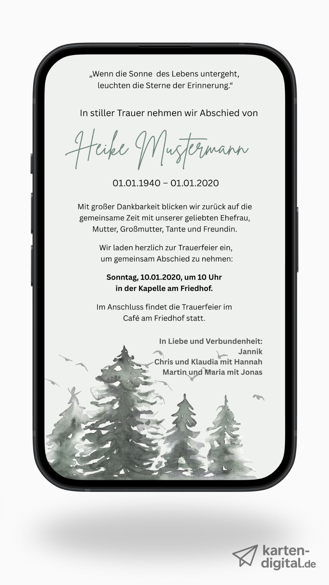 Digitale Trauerkarte mit Waldmotiv – stilvoll und naturverbunden Abschied nehmen