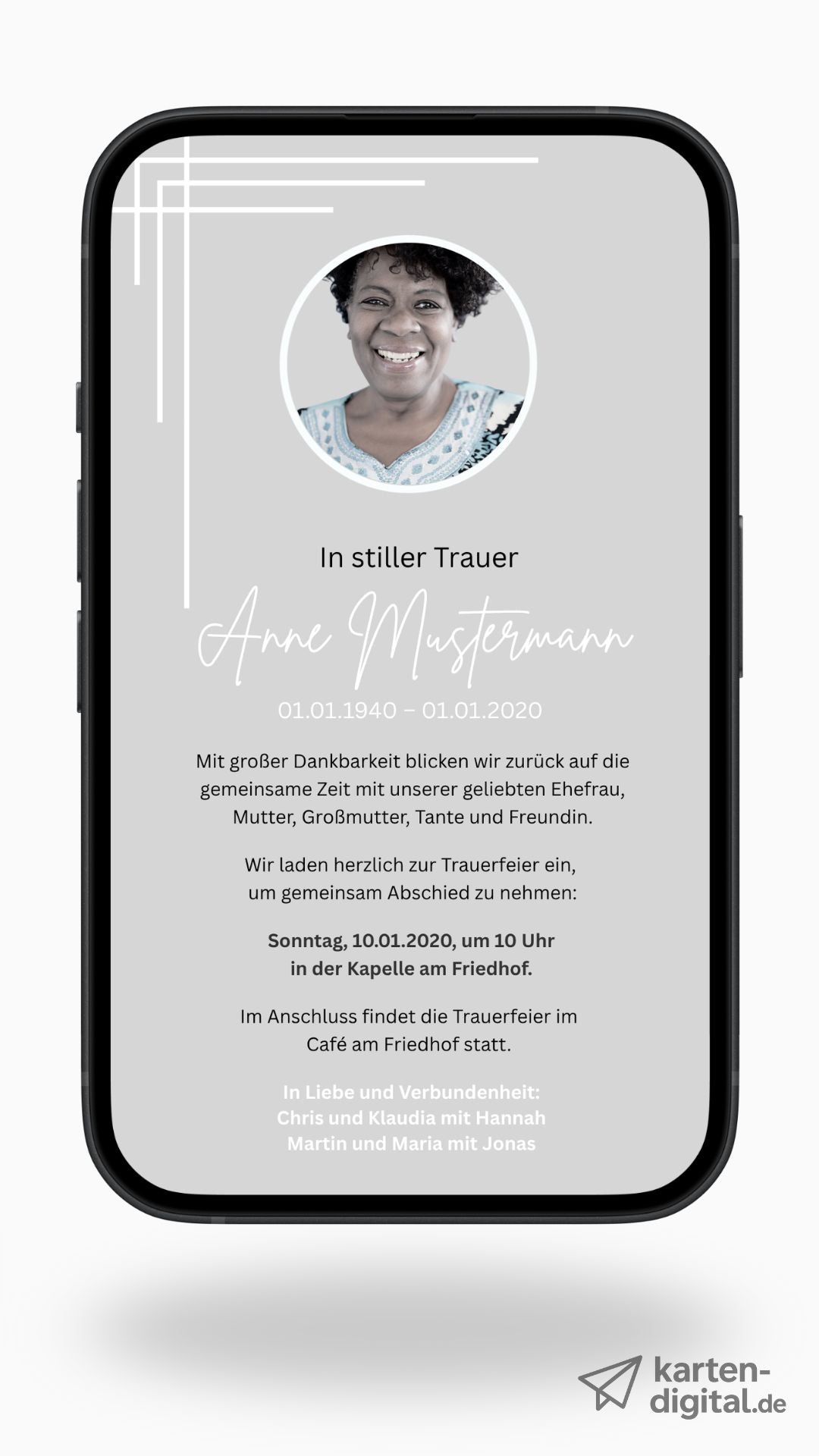 Digitale Trauerkarte mit Foto und modernem Design – stilvoll Abschied nehmen mit Persönlichkeit