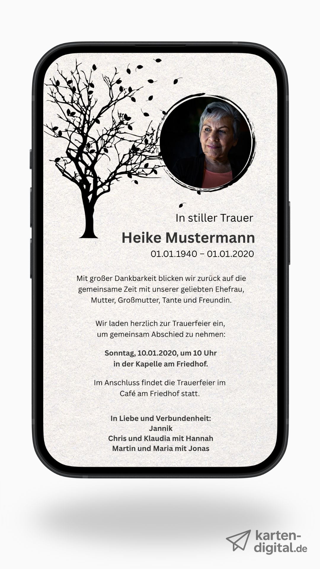 Digitale Trauerkarte mit Baum und Foto – eindrucksvoll und persönlich Abschied nehmen