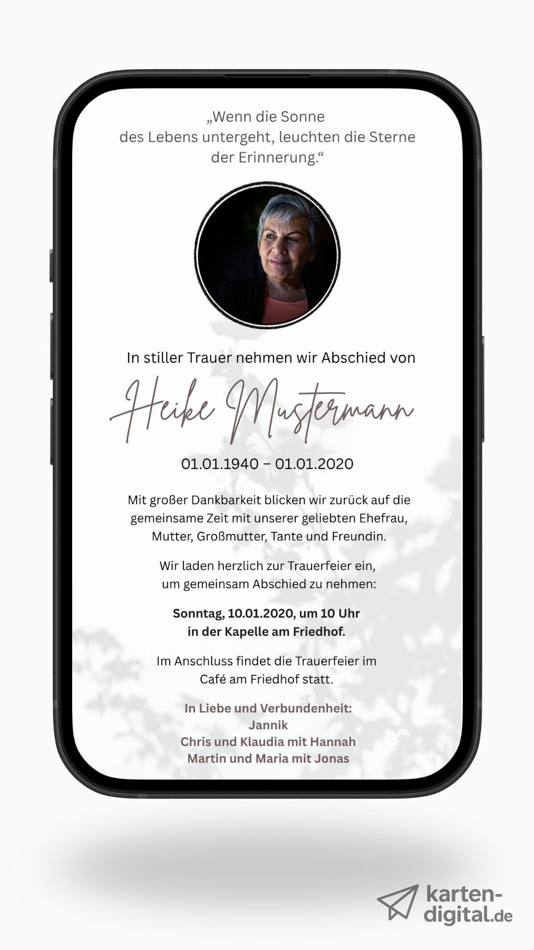 Digitale Trauerkarte mit Foto und Zitat – stilvoll, persönlich und würdevoll Abschied nehmen