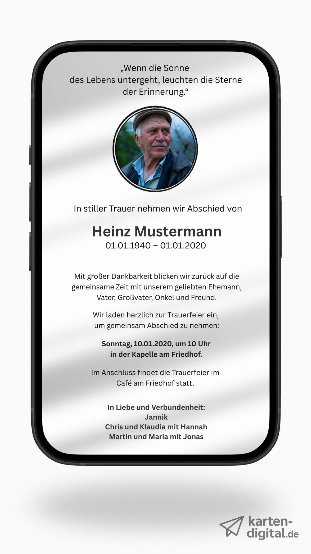 Digitale Trauerkarte mit Foto und Zitat – persönlich Abschied nehmen und zur Beerdigung einladen