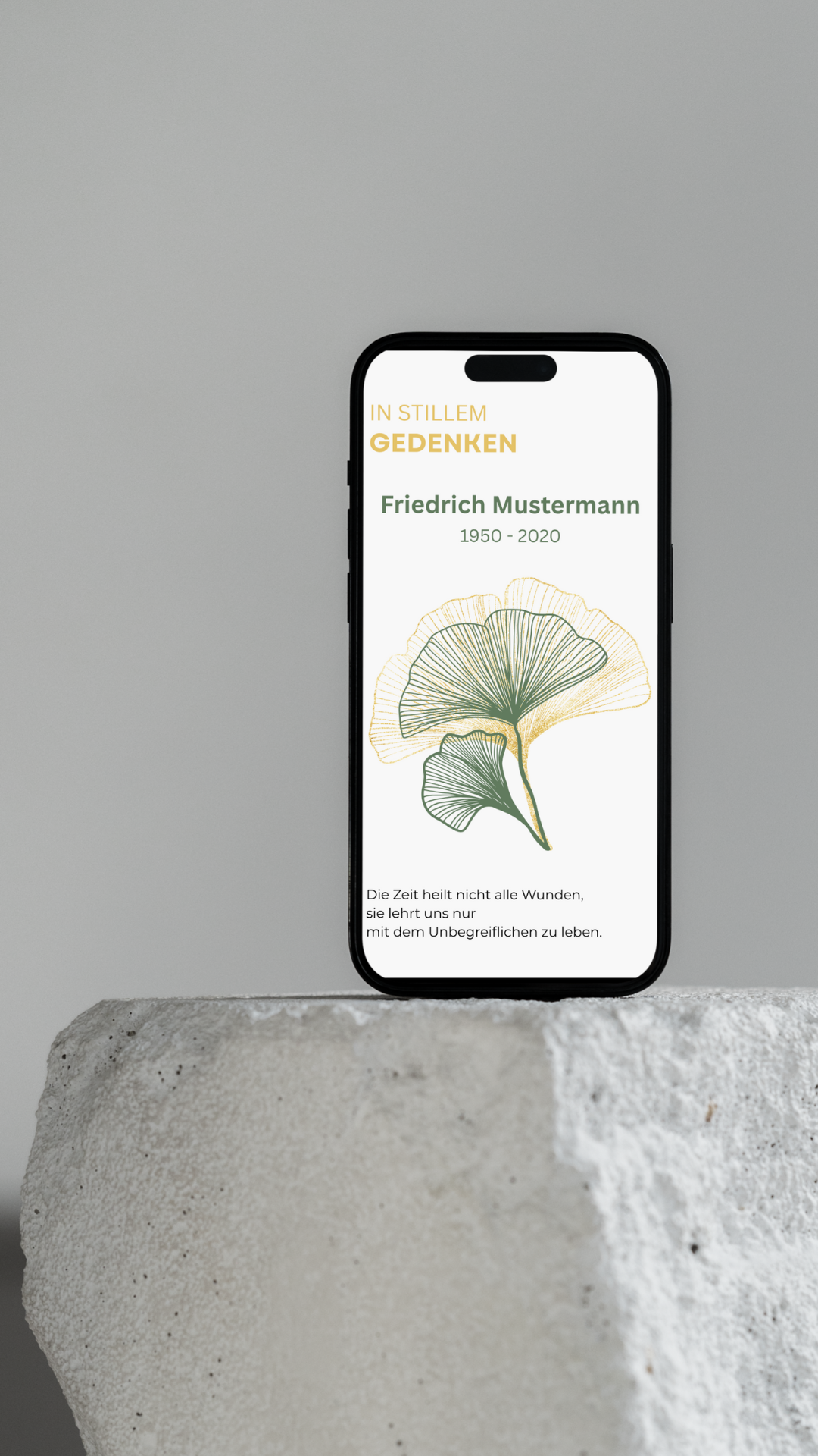 Digitale Trauerkarte mit Ginkgo und Zitat – modern, schlicht und stilvoll Abschied nehmen - 2-seitig