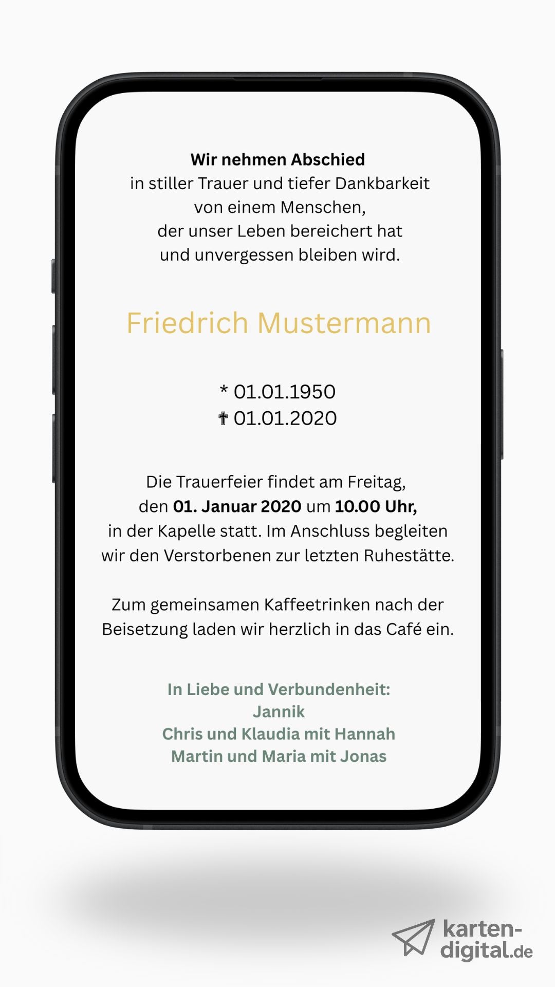 Digitale Trauerkarte mit Ginkgo und Zitat – modern, schlicht und stilvoll Abschied nehmen - 2-seitig