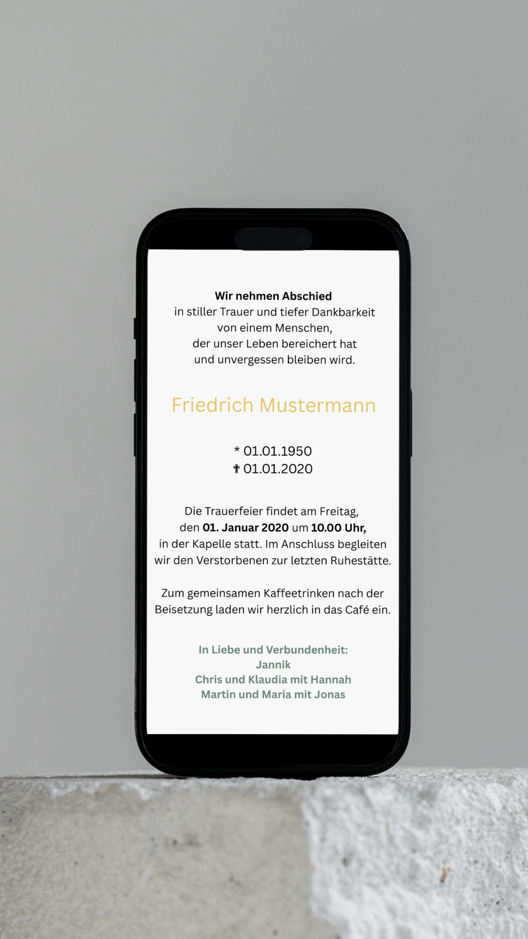Digitale Trauerkarte mit Ginkgo und Zitat – modern, schlicht und stilvoll Abschied nehmen - 2-seitig