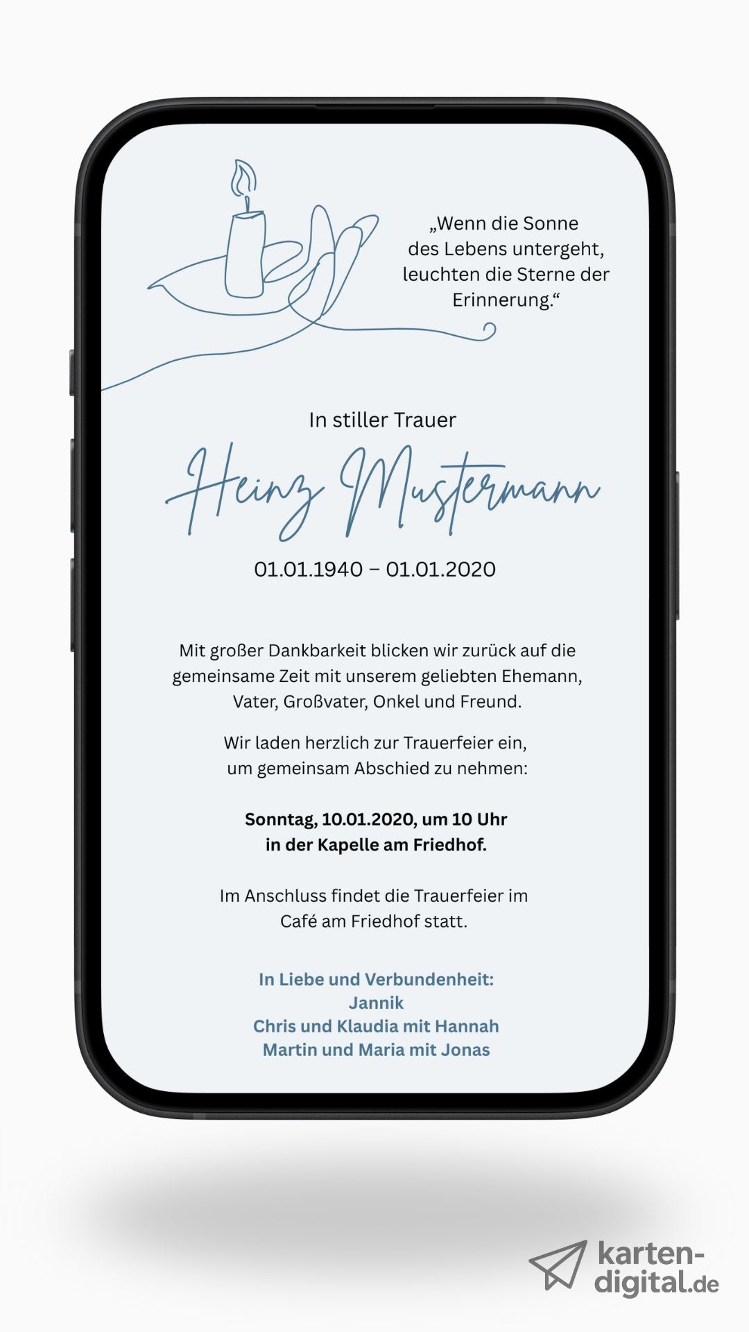 Digitale Trauerkarte mit Kerzenmotiv – stiller Abschied mit Symbol für Licht und Erinnerung