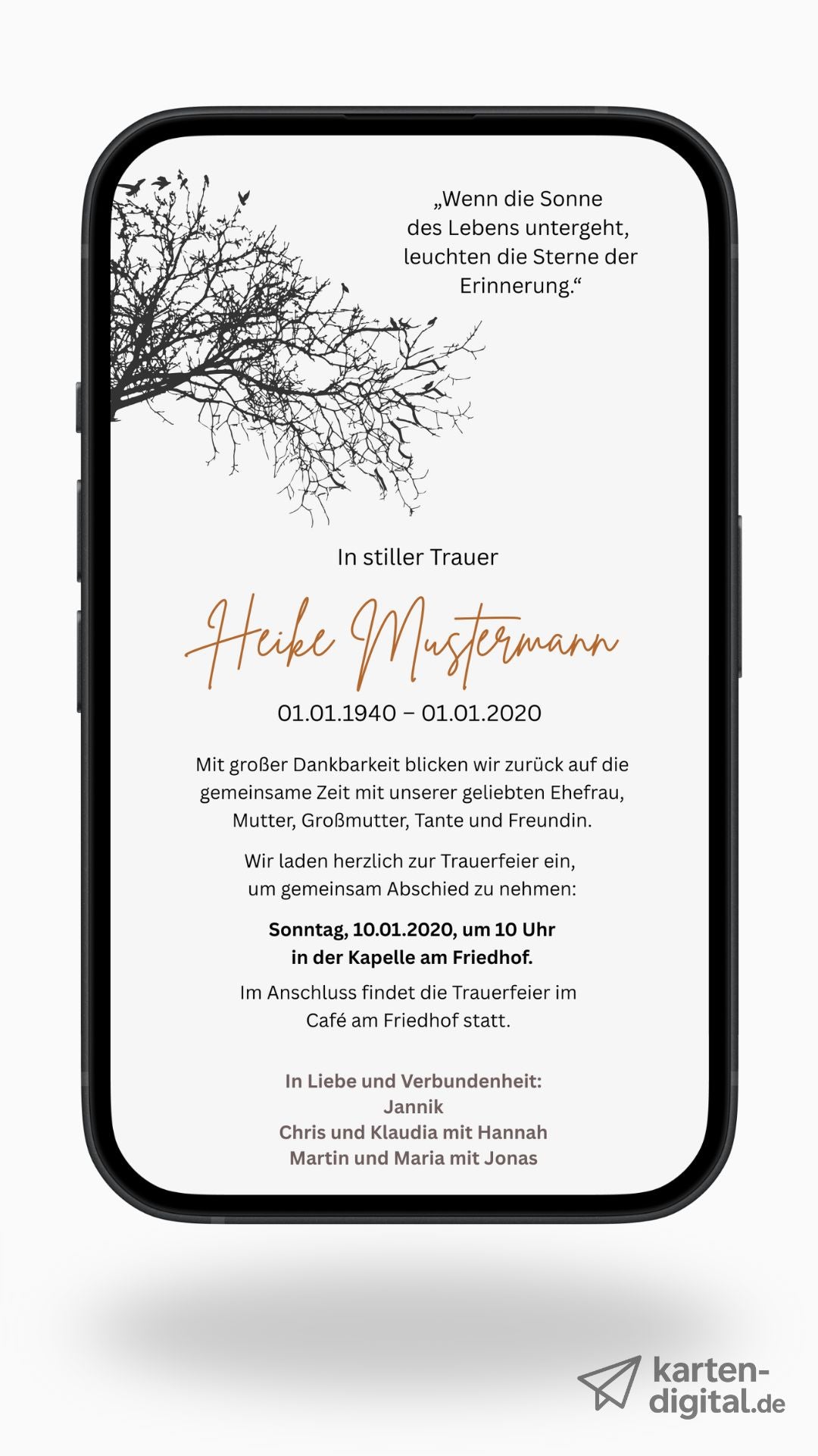 Digitale Trauerkarte mit Baumzweig und Zitat – stiller Abschied mit poetischem Design