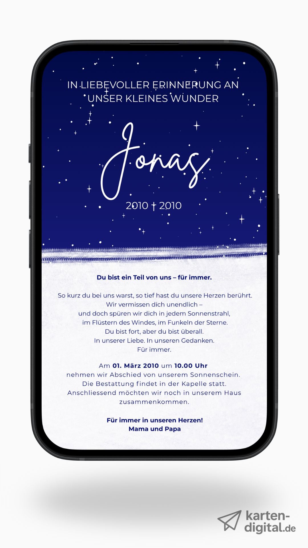 Digitale Trauerkarte für ein verstorbenes Kind – liebevoll gestaltet mit Sternenhimmel