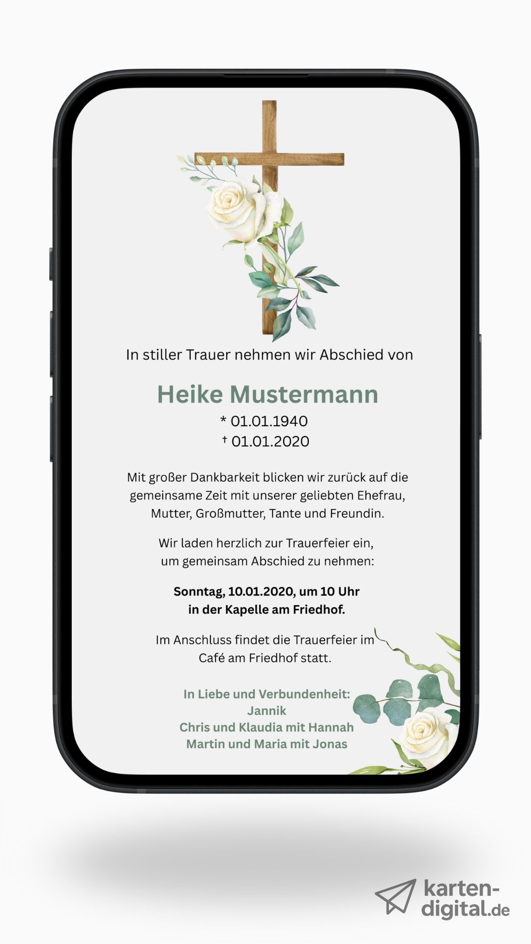 Digitale Trauerkarte mit Holzkreuz und weißen Rosen – liebevoll und klassisch Abschied nehmen