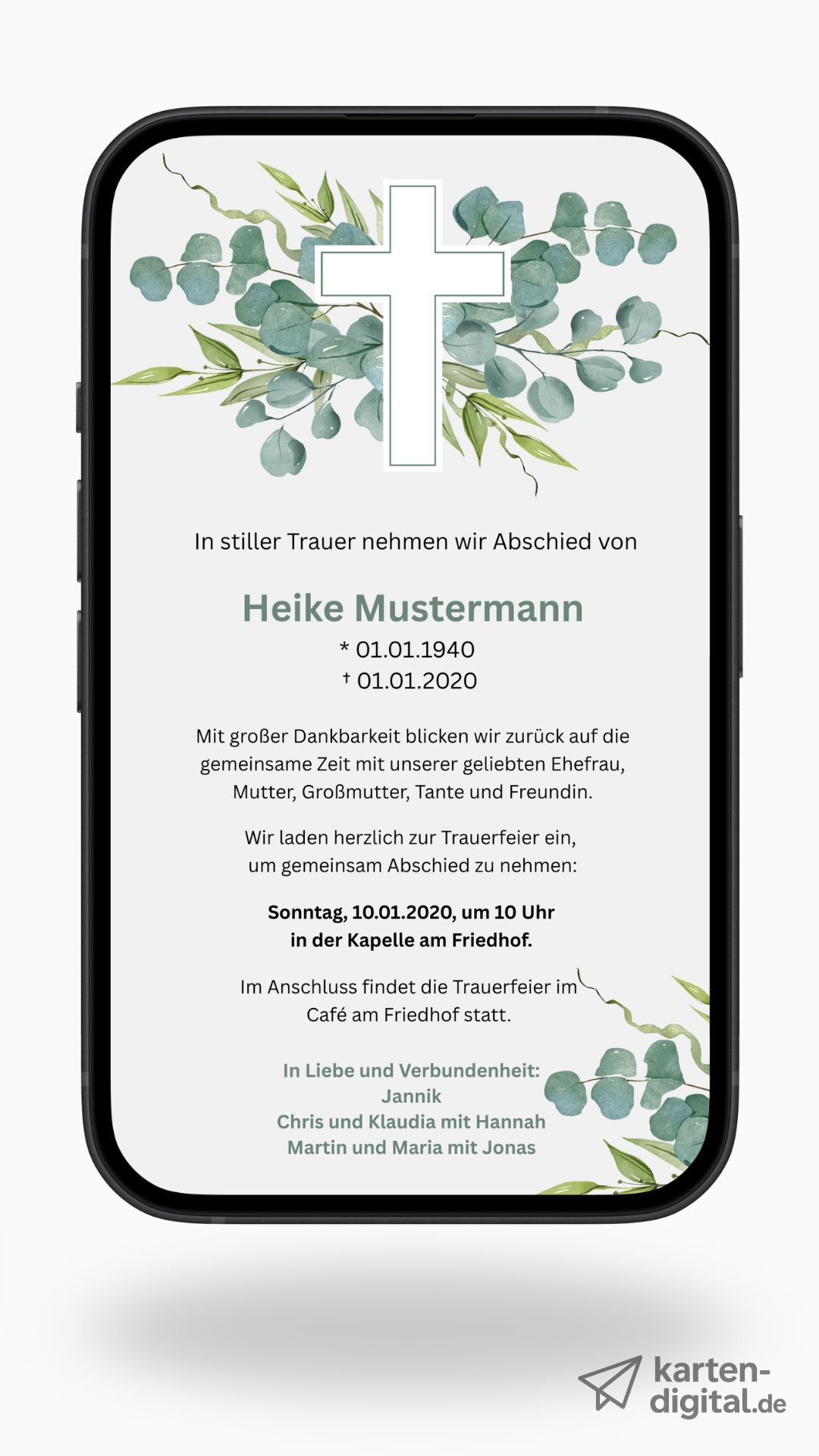 Digitale Trauerkarte mit Eukalyptus und Kreuz – stilvoller Abschied mit natürlichem Design