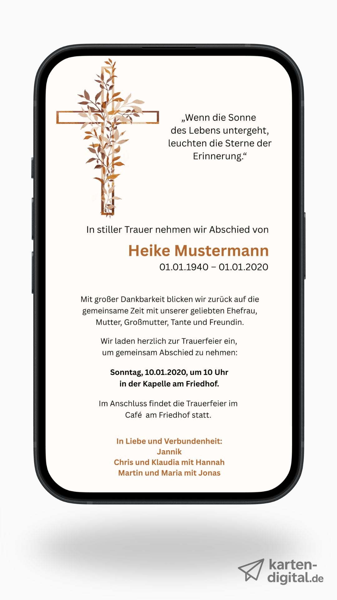Digitale Trauerkarte mit Kreuz und Zitat – stilvoller Abschied mit warmem Design