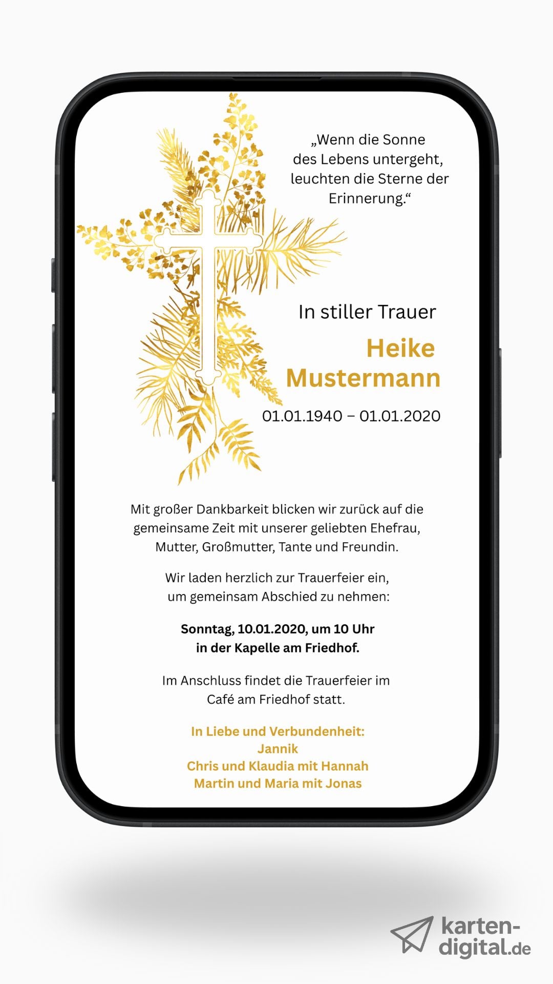Digitale Trauerkarte mit goldenem Kreuz – hell und hoffnungsvoll zur Beerdigung einladen