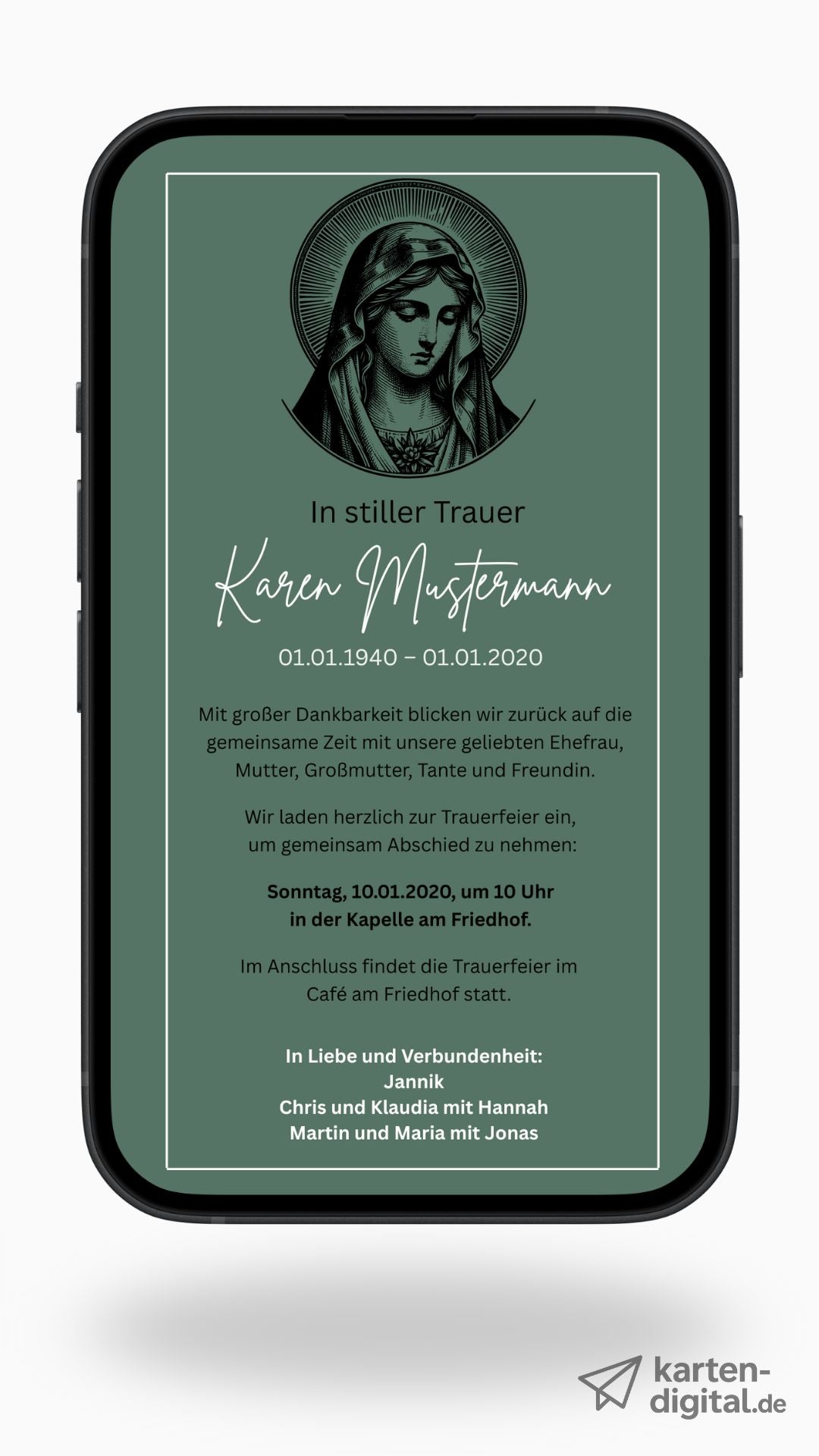 Digitale Trauerkarte mit Marienmotiv – stilvoll und spirituell zur Beerdigung einladen