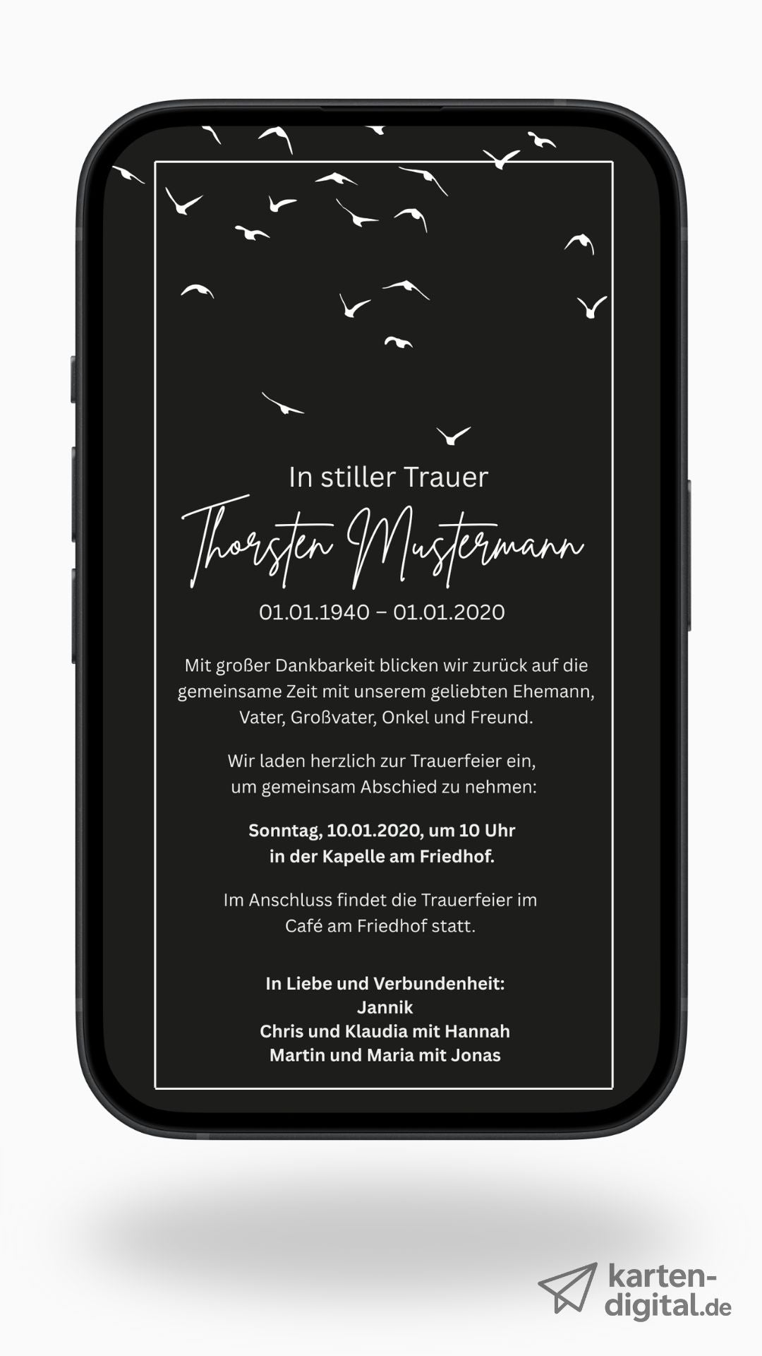 Digitale Trauerkarte in Schwarz – stilvoll und würdevoll zur Beerdigung einladen