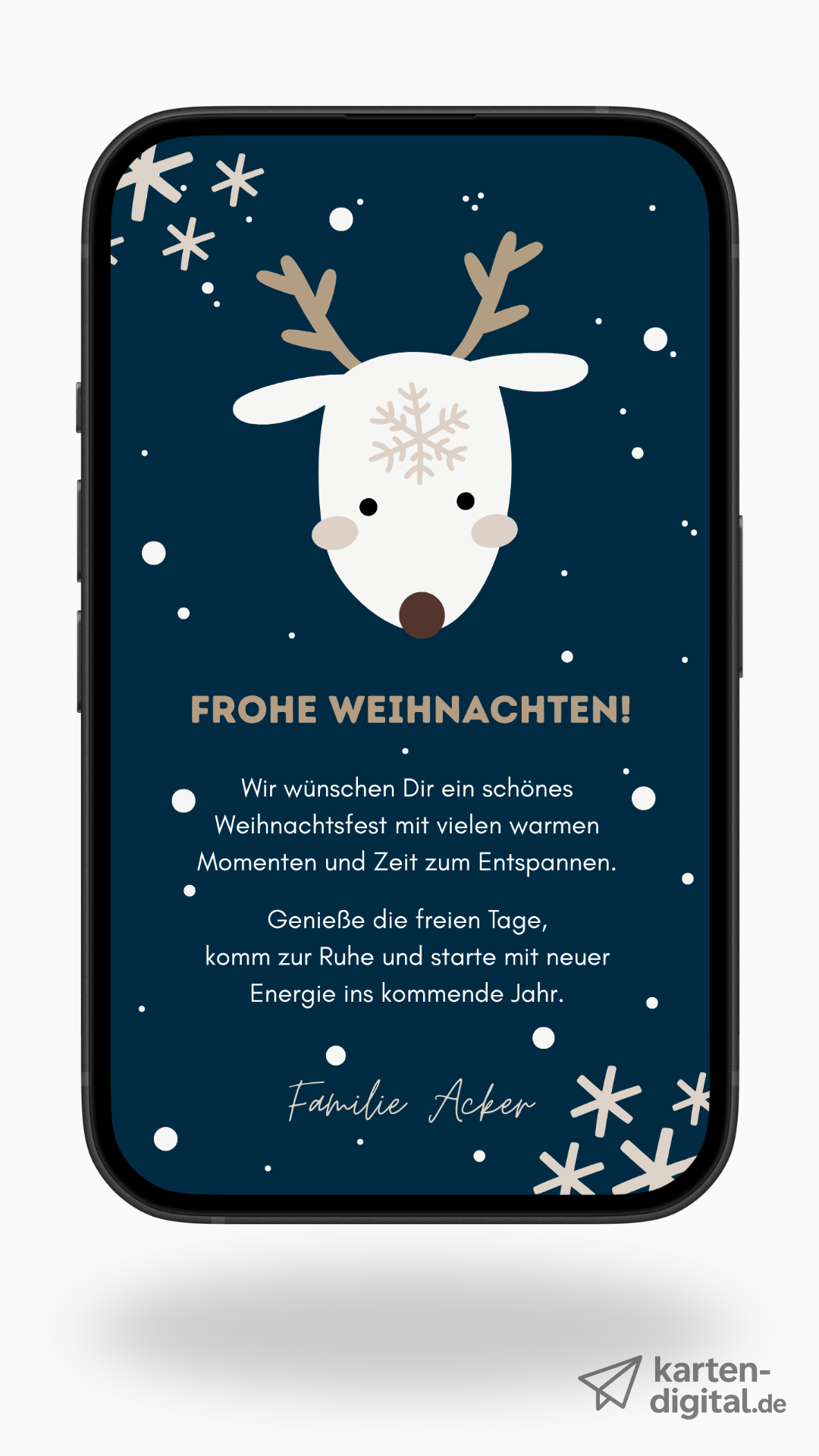 Digitale Weihnachtskarte – Rentier mit Schneeflocke & Winterdesign