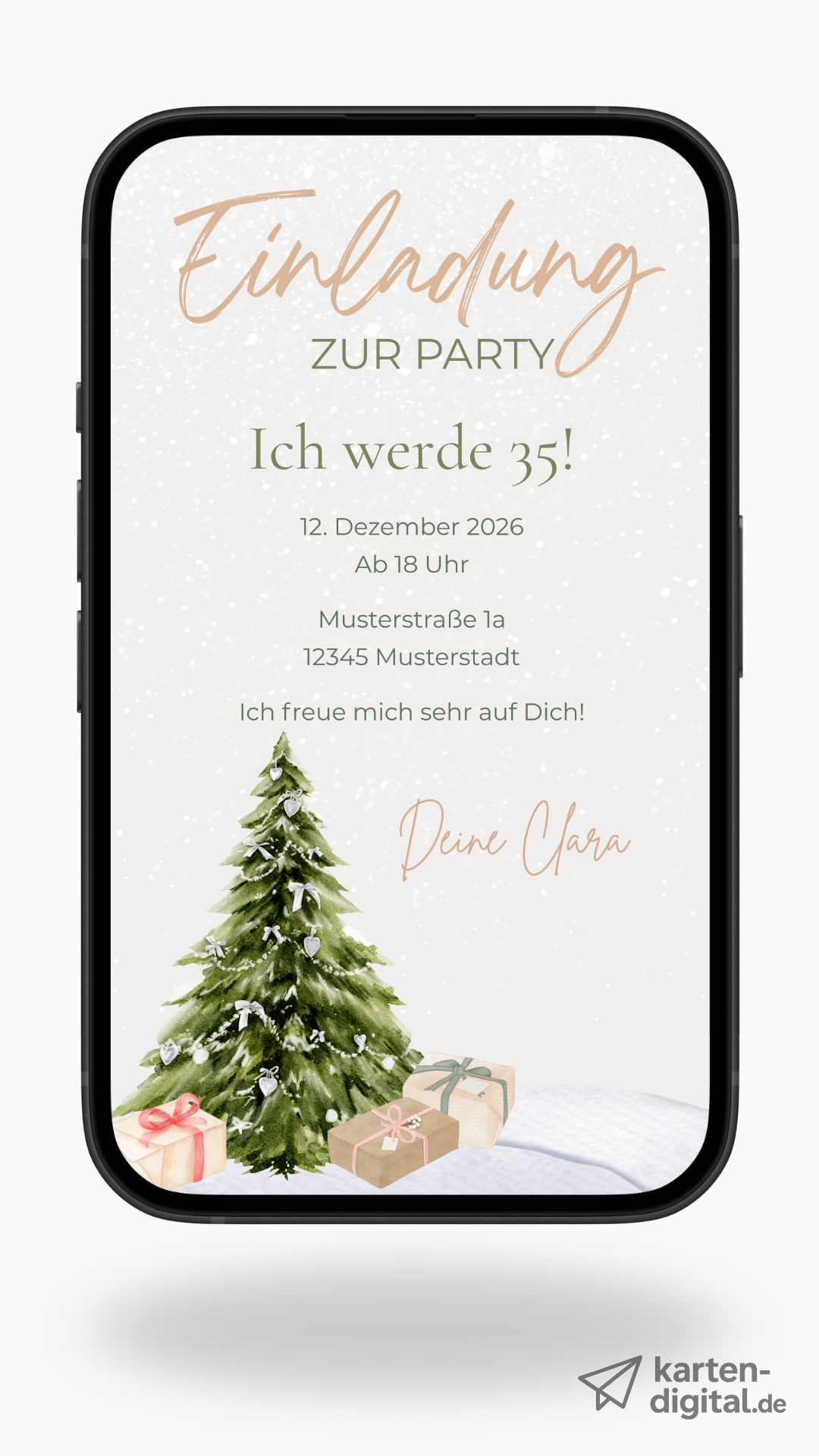 Digitale Geburtstagseinladung – Winterlich & festlich mit Weihnachtsbaum