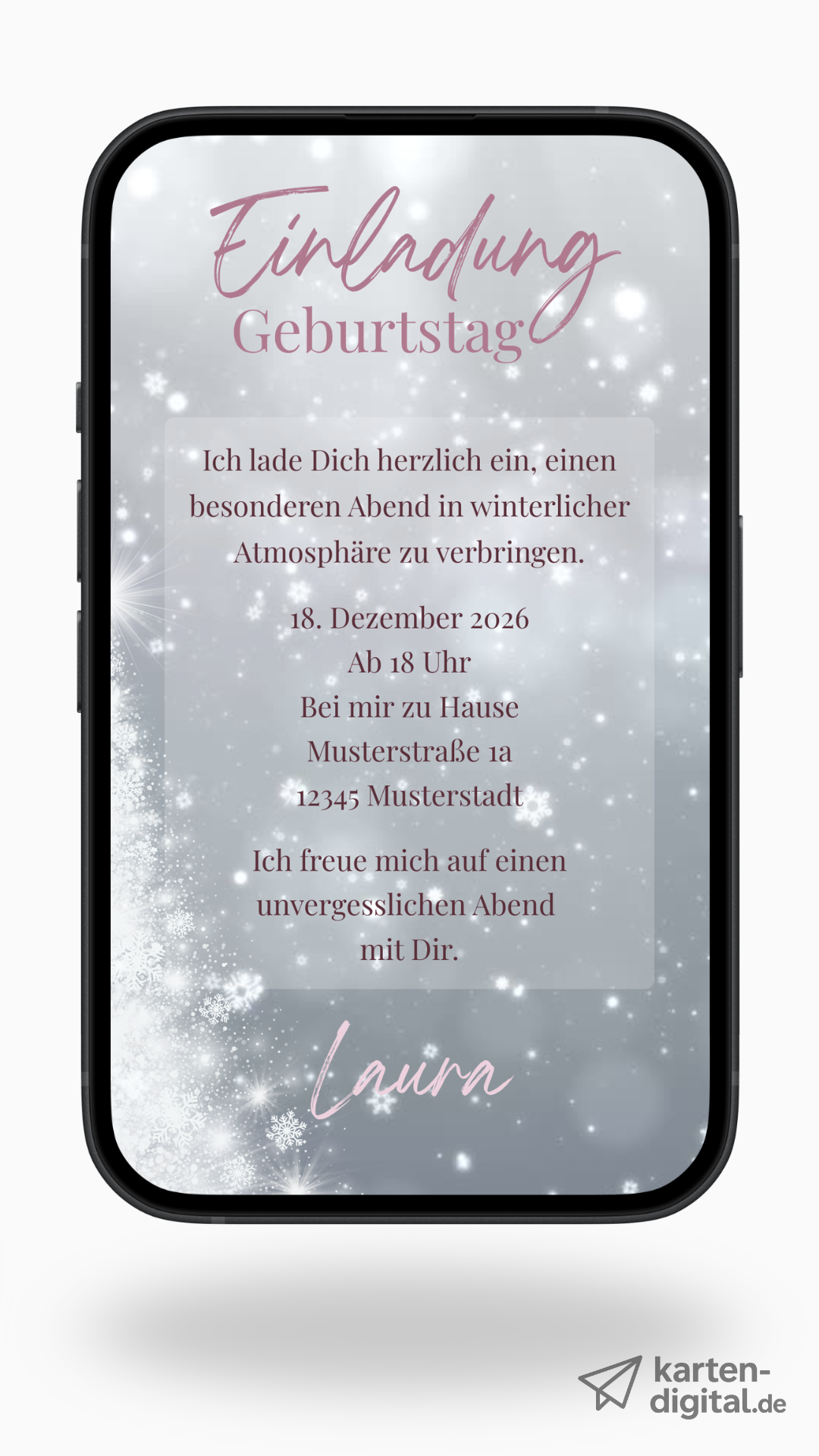 Digitale Geburtstags-Videoeinladung – Winterliche Eleganz & sanfter Schneefall