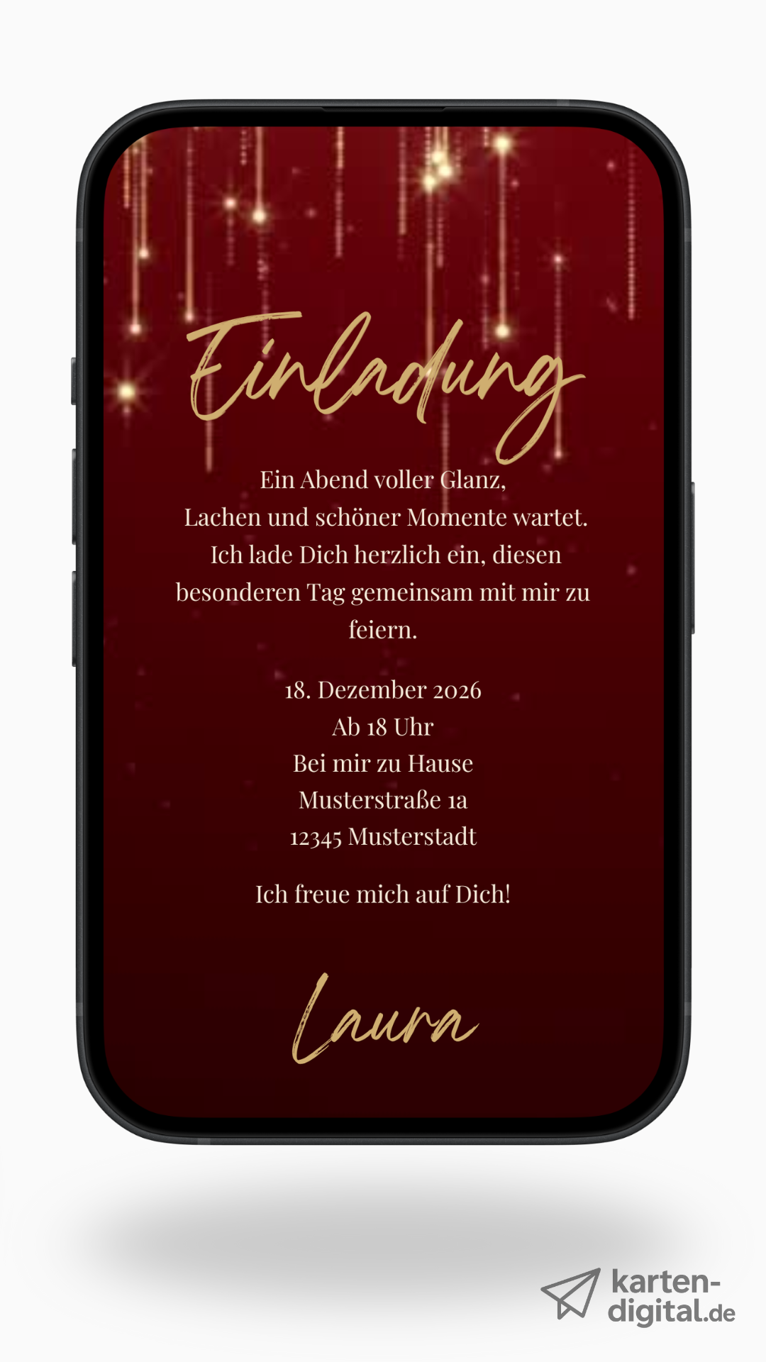 Digitale Geburtstags-Videoeinladung – Goldene Lichtstreifen & edles Rot