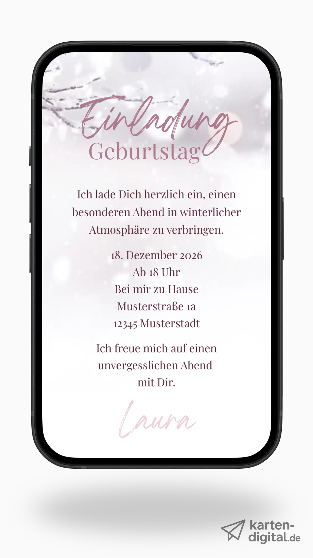 Digitale Geburtstags-Videoeinladung – Sanfter Schneefall & Winterzweig