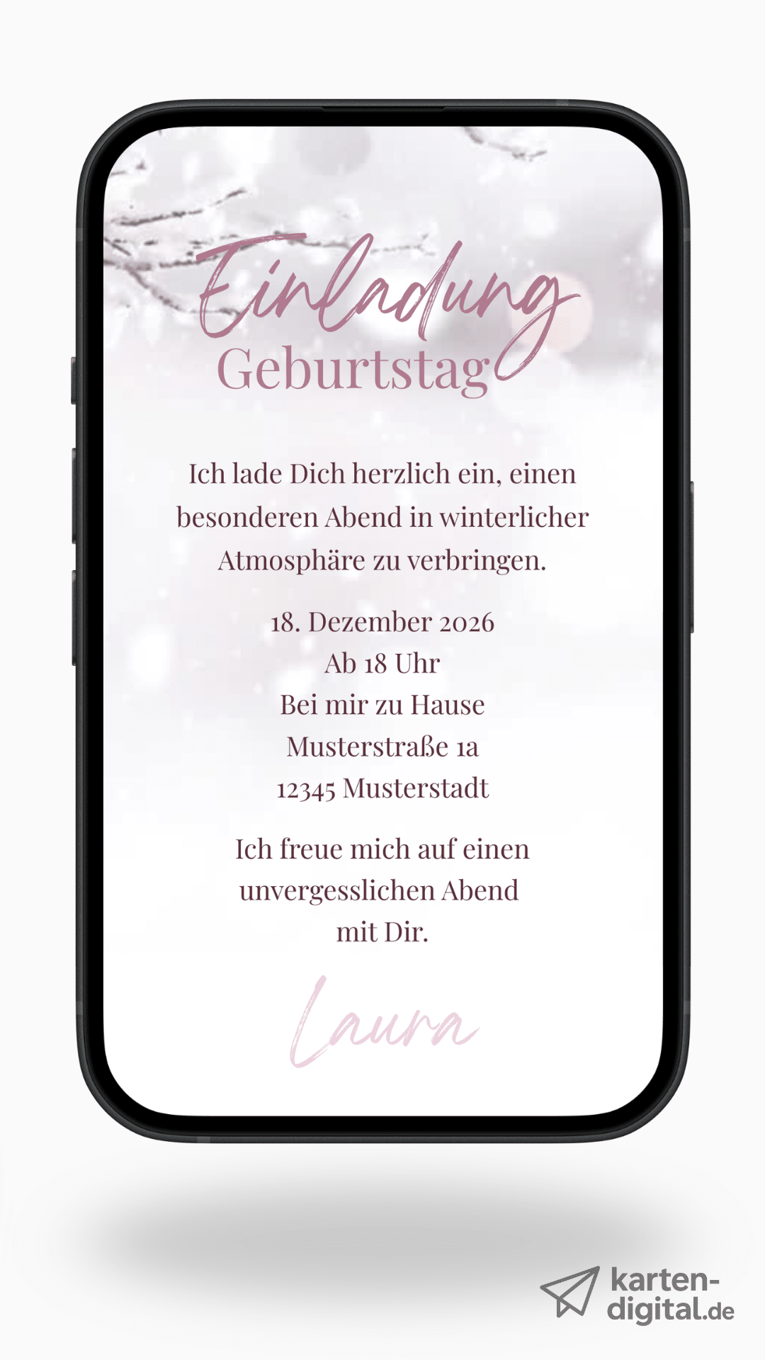 Digitale Geburtstags - Videoeinladung – Sanfter Schneefall & Winterzweig - karten - digital