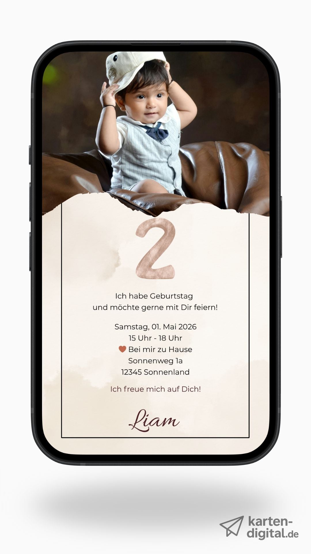 Digitale Geburtstagseinladung für Kinder – natürliches Design in Beige mit Foto - karten - digital
