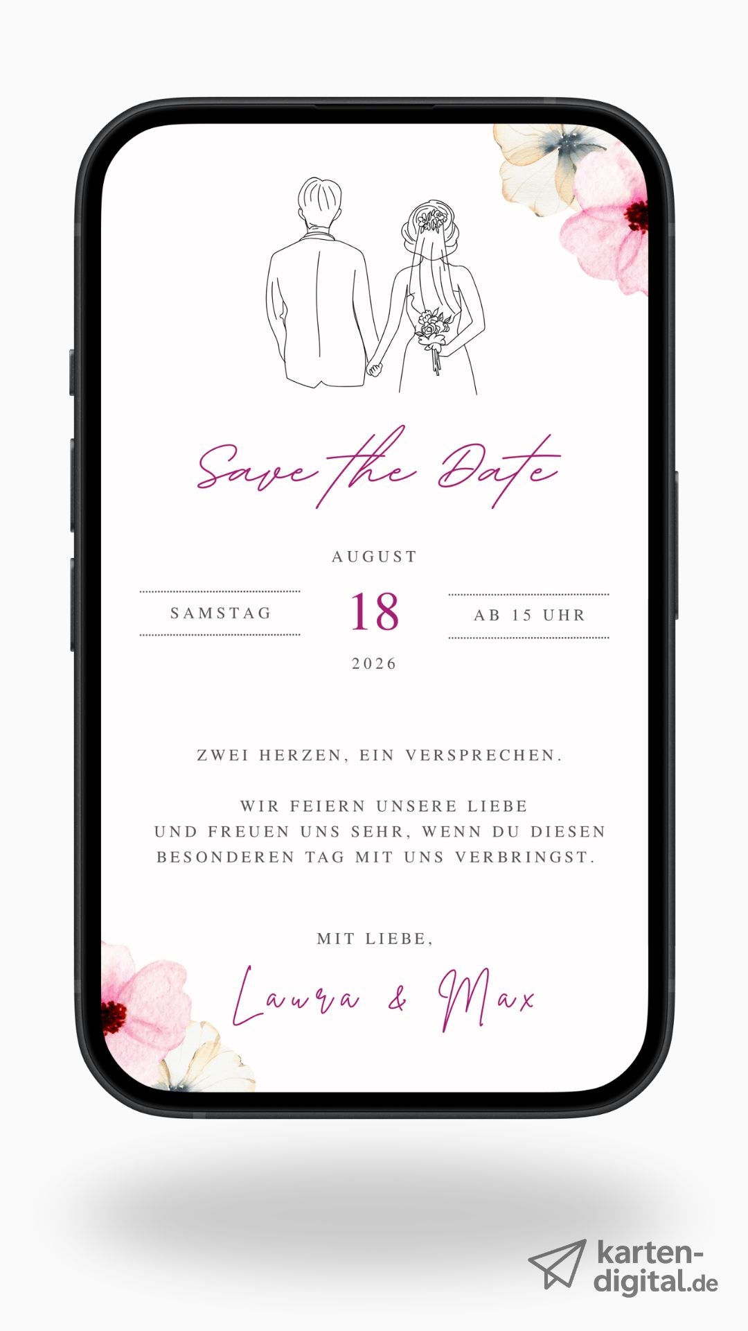 Digitale Save the Date Karte mit Brautpaar-Illustration und Blumen.