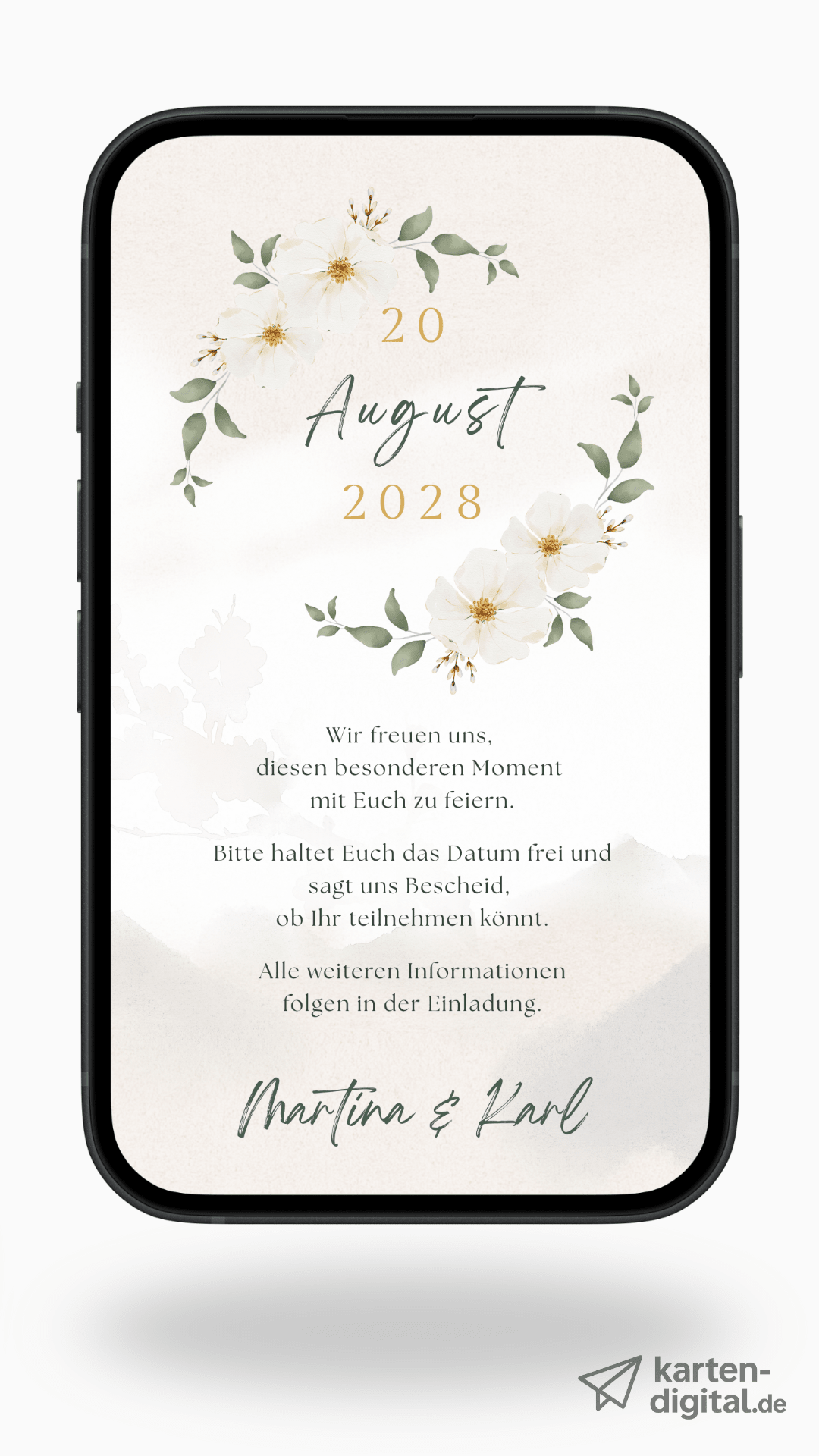 Digitale Save - the - Date Karte – Weißblüte Aquarell - karten - digital