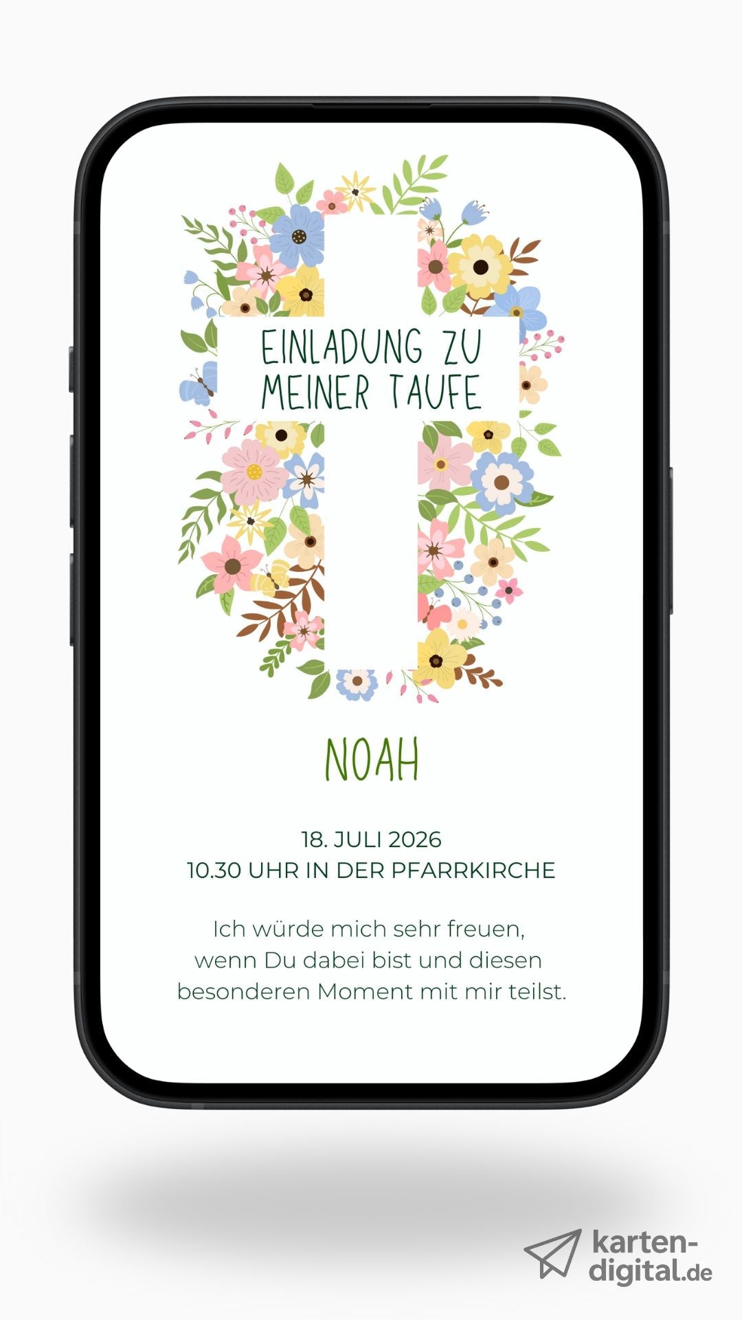 Digitale Taufeinladung – Blumenkranz & Kreuz - karten - digital