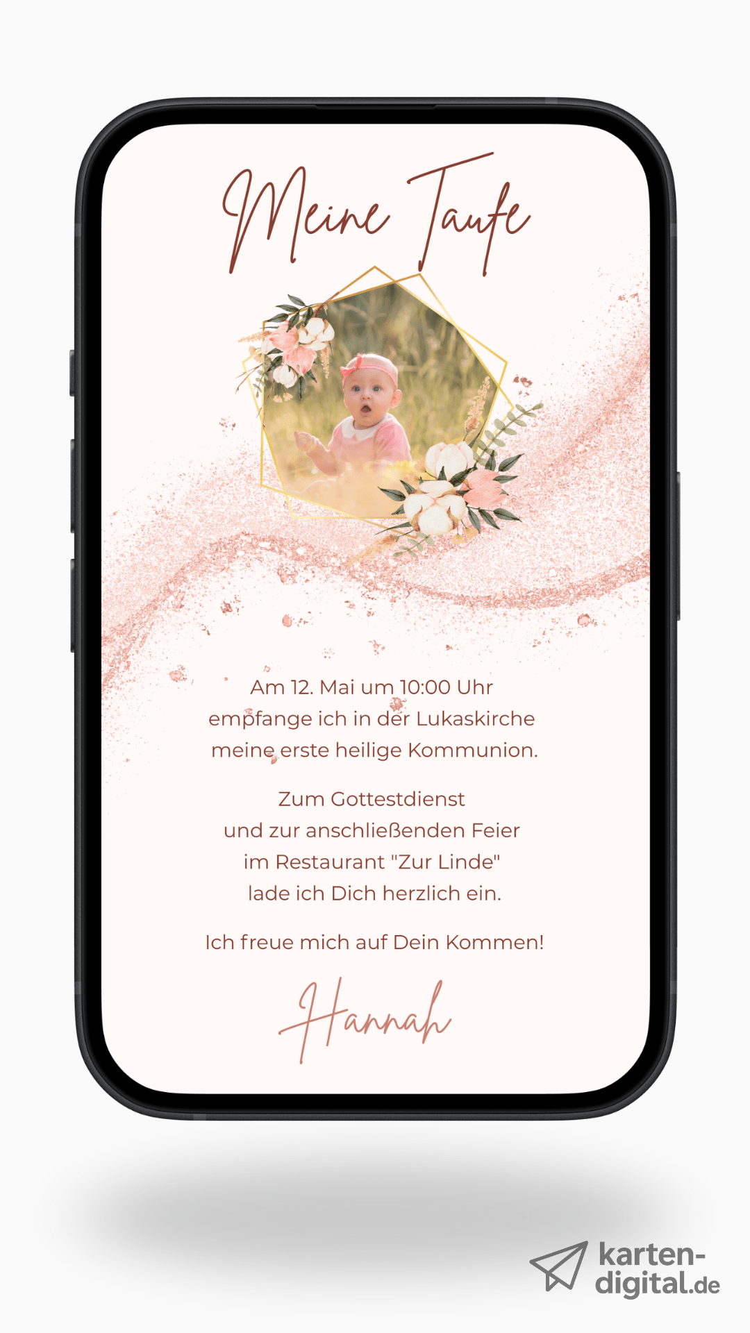 Digitale Taufeinladung in Roségold – elegante & schlichte Einladung zur Taufe - karten - digital