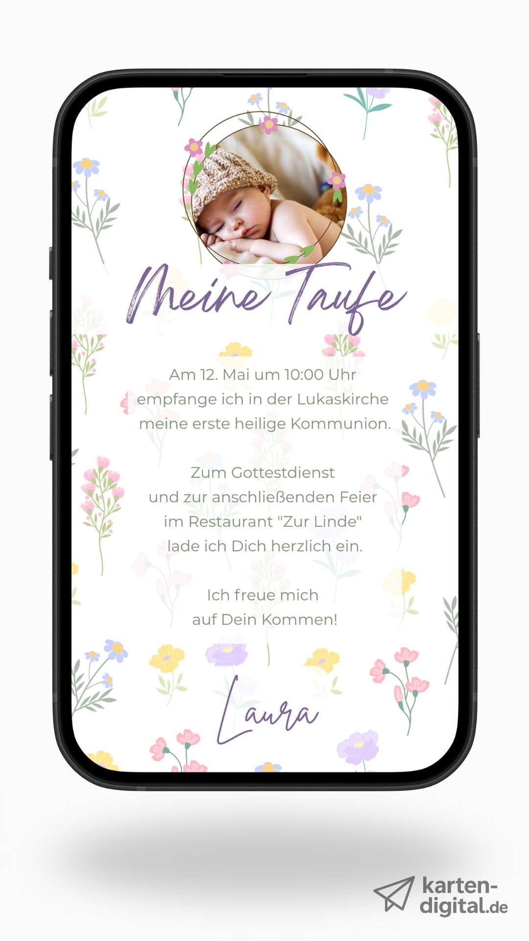 Digitale Taufeinladung mit Foto – liebevoll & blumig im Aquarellstil - karten - digital