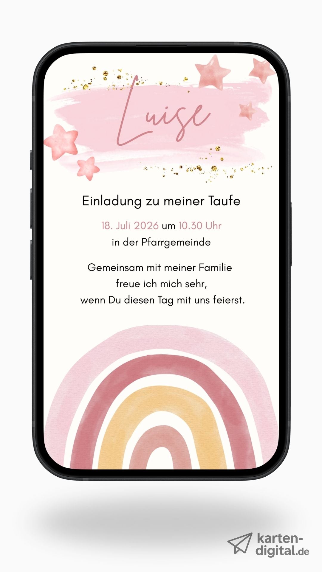 Digitale Taufeinladung mit Regenbogen und Sternen.