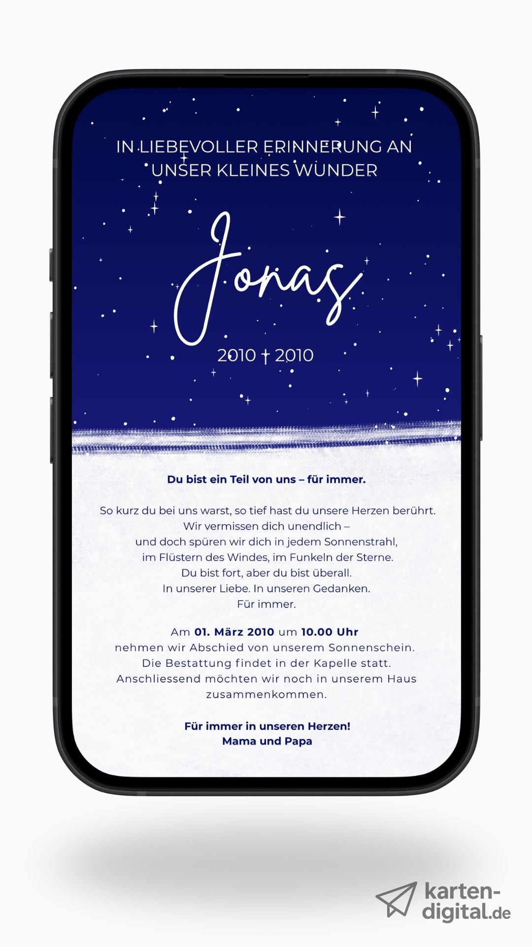 Digitale Trauerkarte für ein verstorbenes Kind – liebevoll gestaltet mit Sternenhimmel - karten - digital