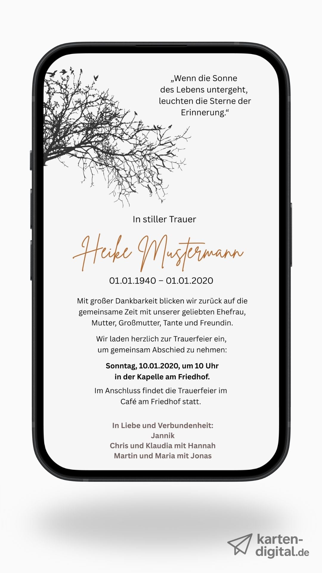 Digitale Trauerkarte mit Baumzweig und Zitat – stiller Abschied mit poetischem Design - karten - digital