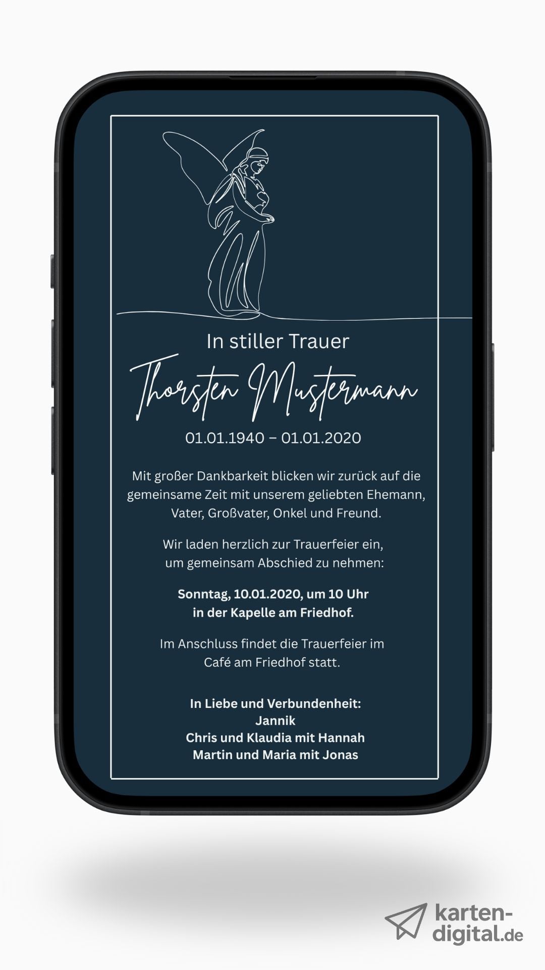 Digitale Trauerkarte mit Engel – liebevoll informieren und zur Beerdigung einladen - karten - digital