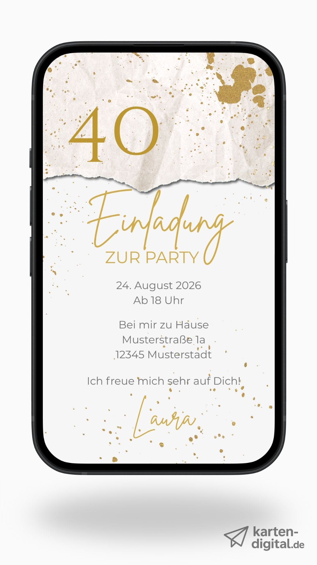 Stilvolle Einladung zum runden Geburtstag – mit edlem Goldsprenkel - Design - karten - digital