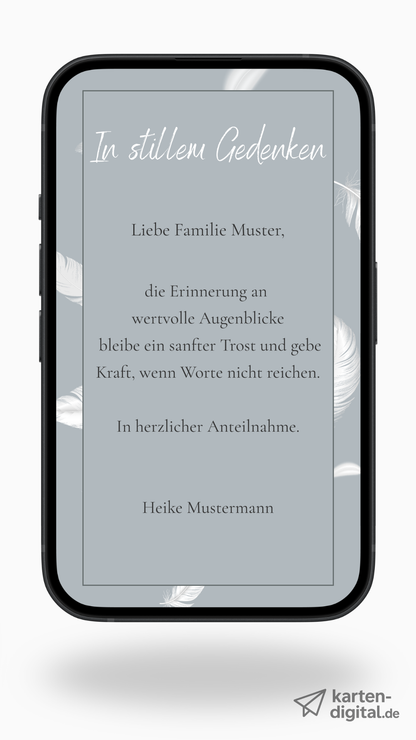 Digitale Kondolenzkarte – Grau & Feder