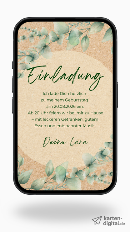 Digitale Geburtstagseinladung – Eukalyptus & Naturtöne