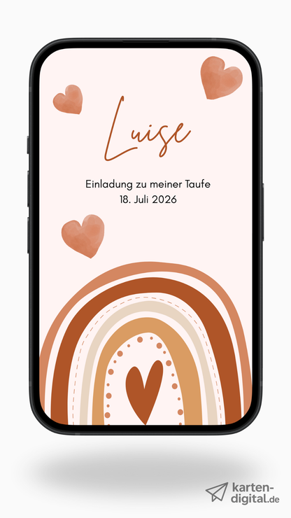 Digitale Taufeinladung mit Herz-Regenbogen & Segensspruch – zweiseitige Einladung zur Taufe