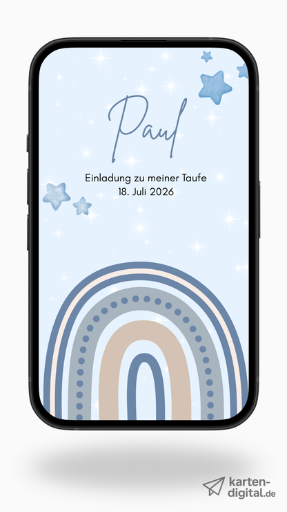 Digitale Taufeinladung mit Segensspruch & Regenbogen in Blau – zweiseitige Einladung zur Taufe
