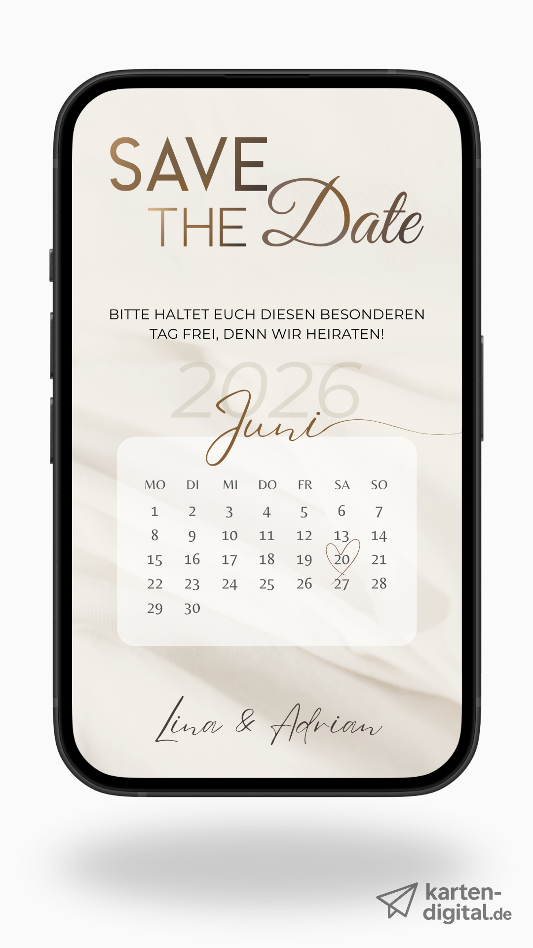 Digitale Save-the-Date Karte mit Kalender – modern, schlicht & stilvoll