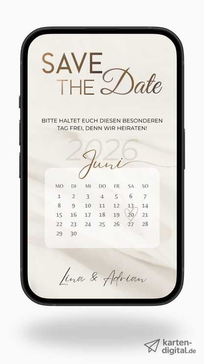Digitale Save-the-Date Karte mit Kalender – modern, schlicht & stilvoll