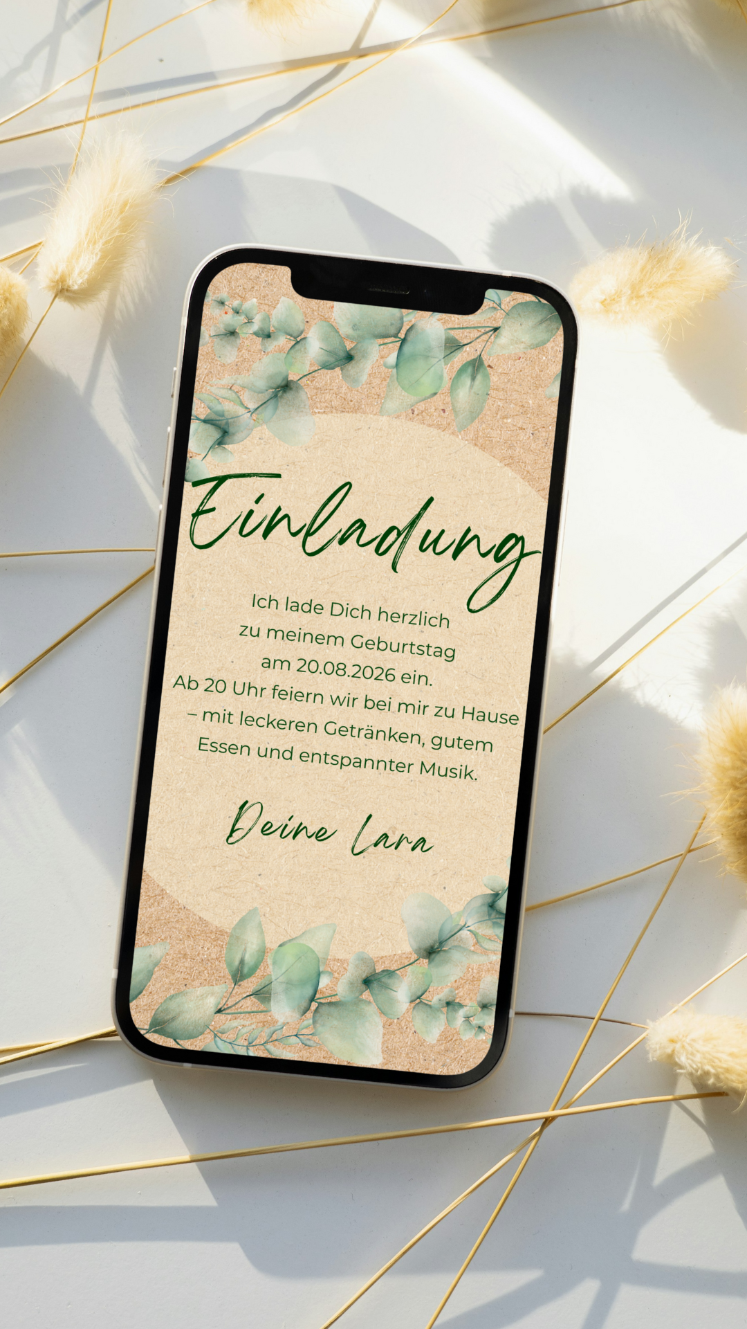 Digitale Geburtstagseinladung – Eukalyptus & Naturtöne