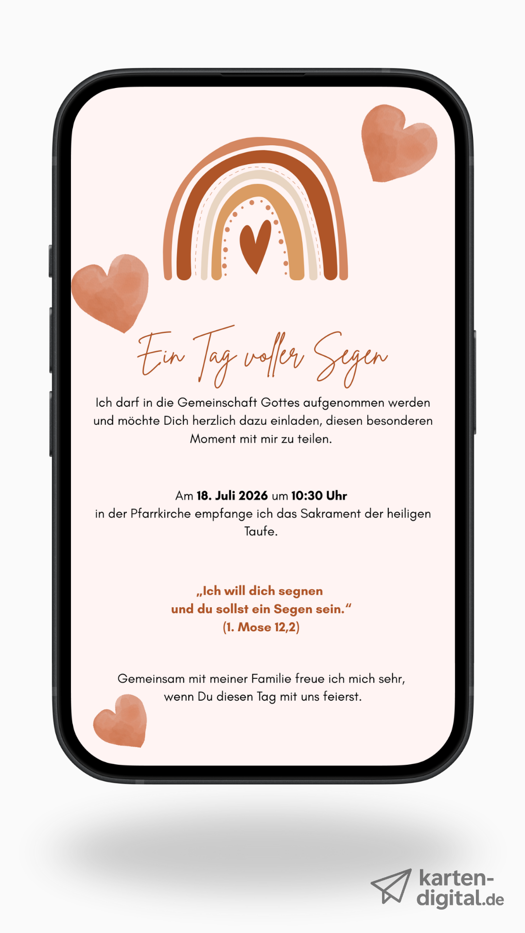 Digitale Taufeinladung mit Herz-Regenbogen & Segensspruch – zweiseitige Einladung zur Taufe