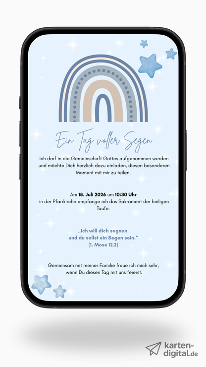 Digitale Taufeinladung mit Segensspruch & Regenbogen in Blau – zweiseitige Einladung zur Taufe