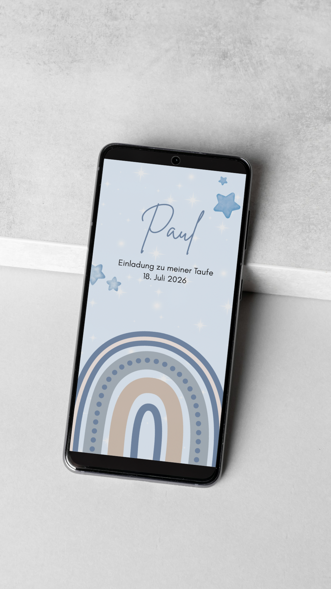 Digitale Taufeinladung mit Segensspruch & Regenbogen in Blau – zweiseitige Einladung zur Taufe