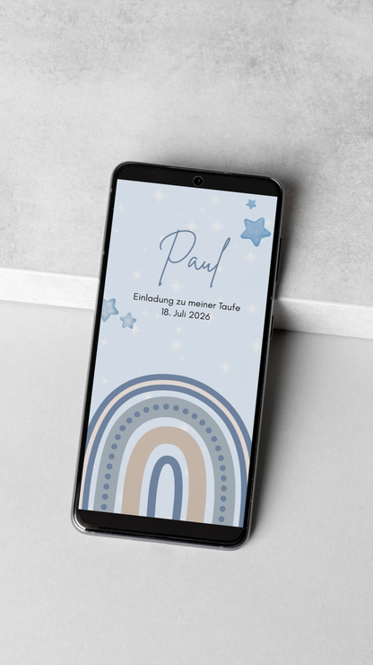 Digitale Taufeinladung mit Segensspruch & Regenbogen in Blau – zweiseitige Einladung zur Taufe