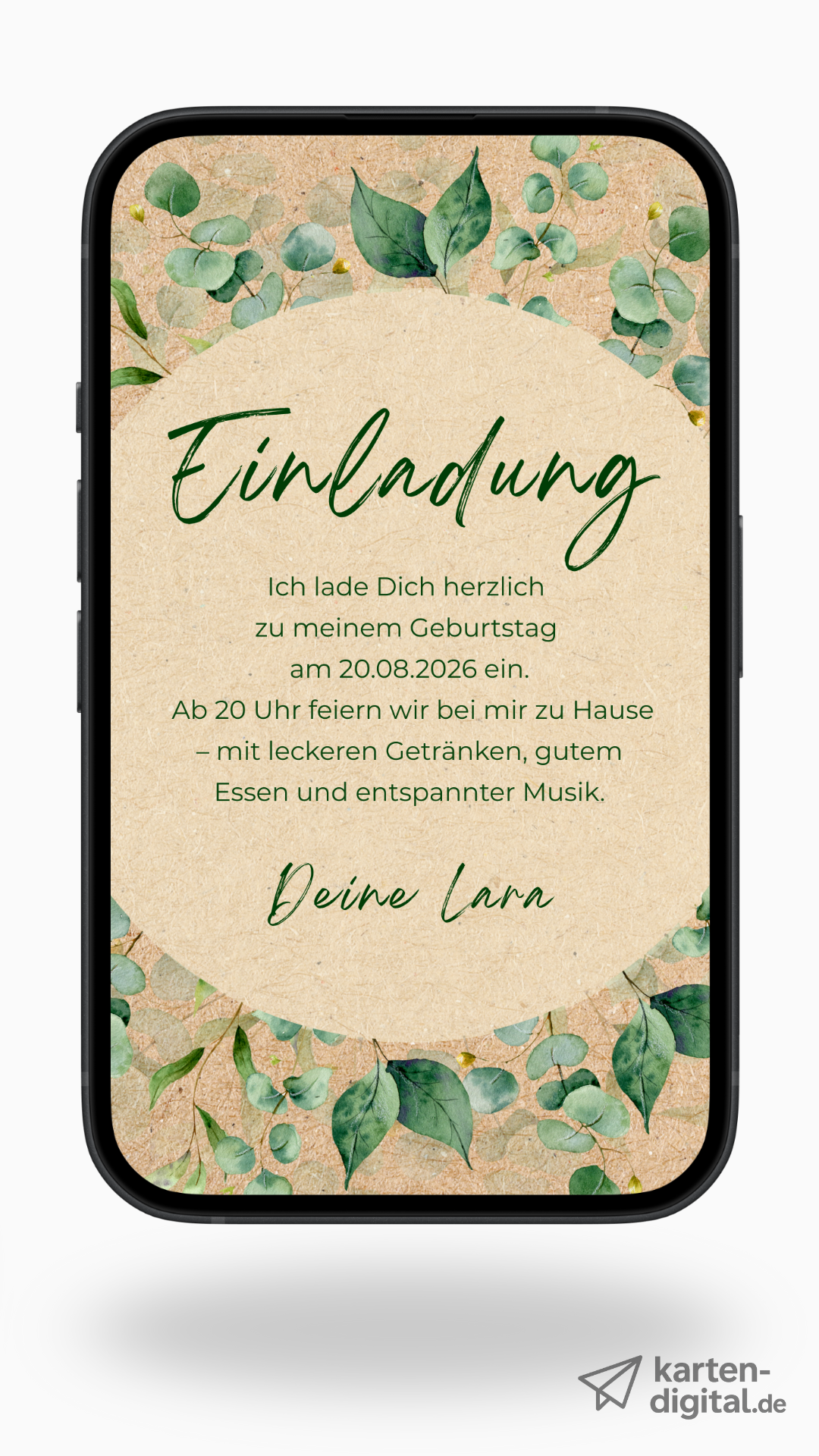 Digitale Geburtstagseinladung – Eukalyptus & Naturtöne