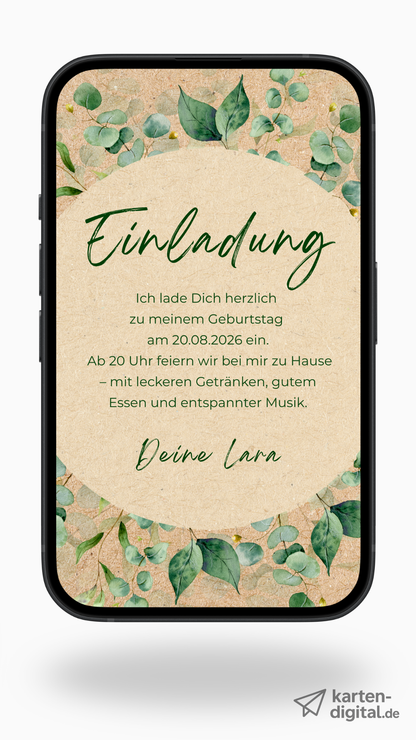Digitale Geburtstagseinladung – Eukalyptus & Naturtöne