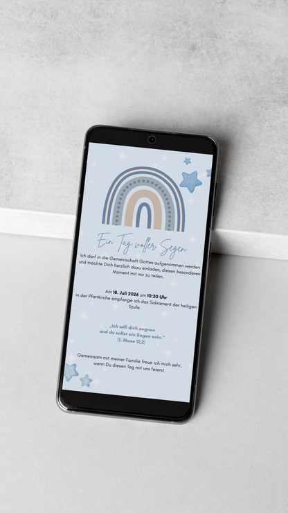 Digitale Taufeinladung mit Segensspruch & Regenbogen in Blau – zweiseitige Einladung zur Taufe