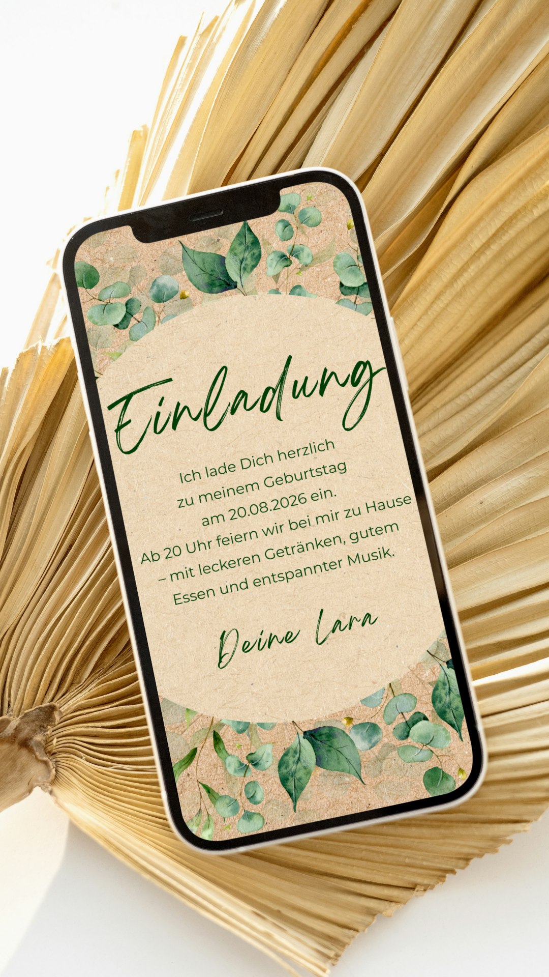 Digitale Geburtstagseinladung – Eukalyptus & Naturtöne