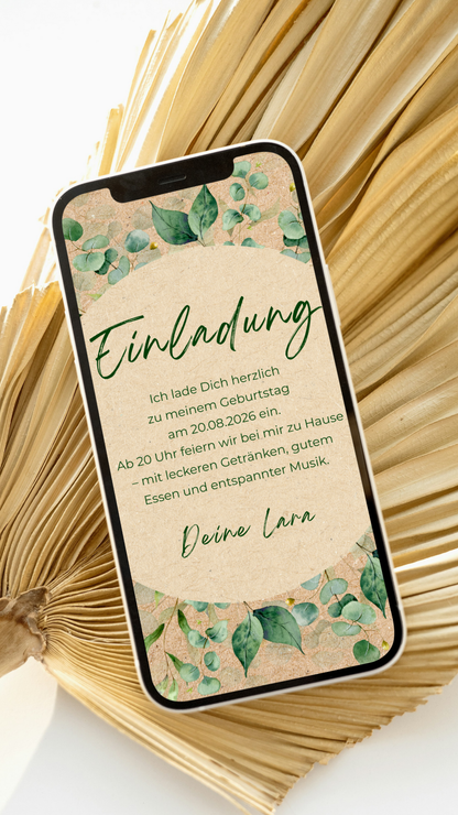 Digitale Geburtstagseinladung – Eukalyptus & Naturtöne